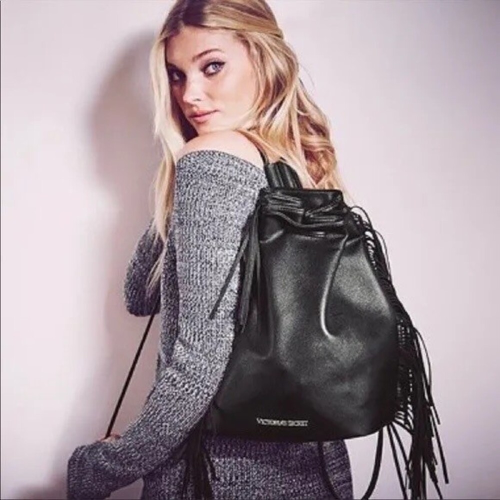 NWOT VICTORIA’S SECRET FAUX LEATHER FRINGE BACKPACK IN BLACK . LIMITED EDITION - Picture 1 of 10